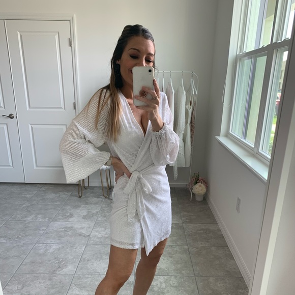 White Long Sleeve Sequin Belted Wrap Dress - Picture 12 of 12